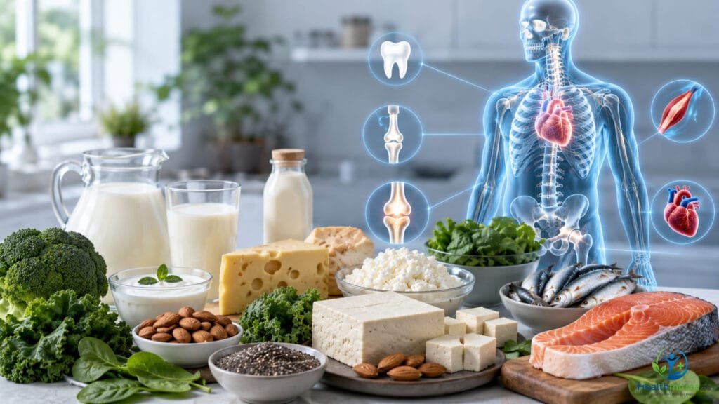 Calcium-rich foods including milk, yogurt, cheese, tofu, broccoli, and almonds.