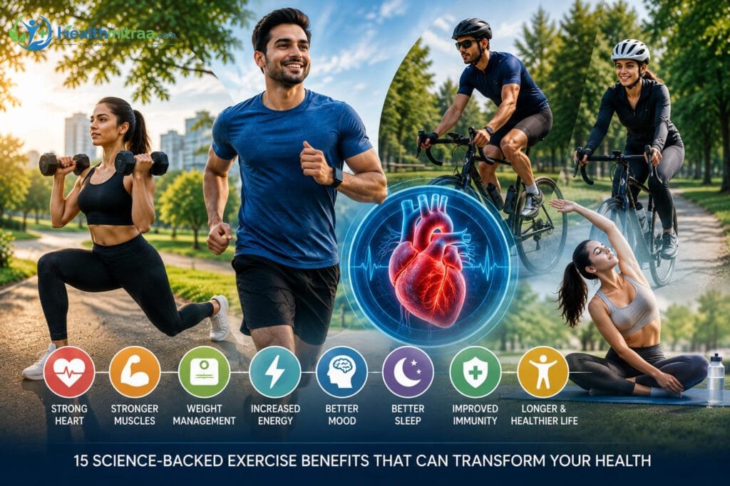 People performing running, strength training, cycling, and yoga to showcase 15 science-backed exercise benefits for better overall health and fitness.