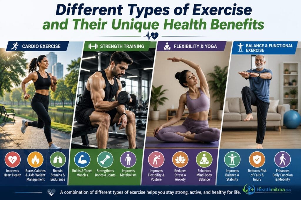 Illustration showing different types of exercise, including cardio, strength training, yoga, and balance exercises, along with their unique health benefits.