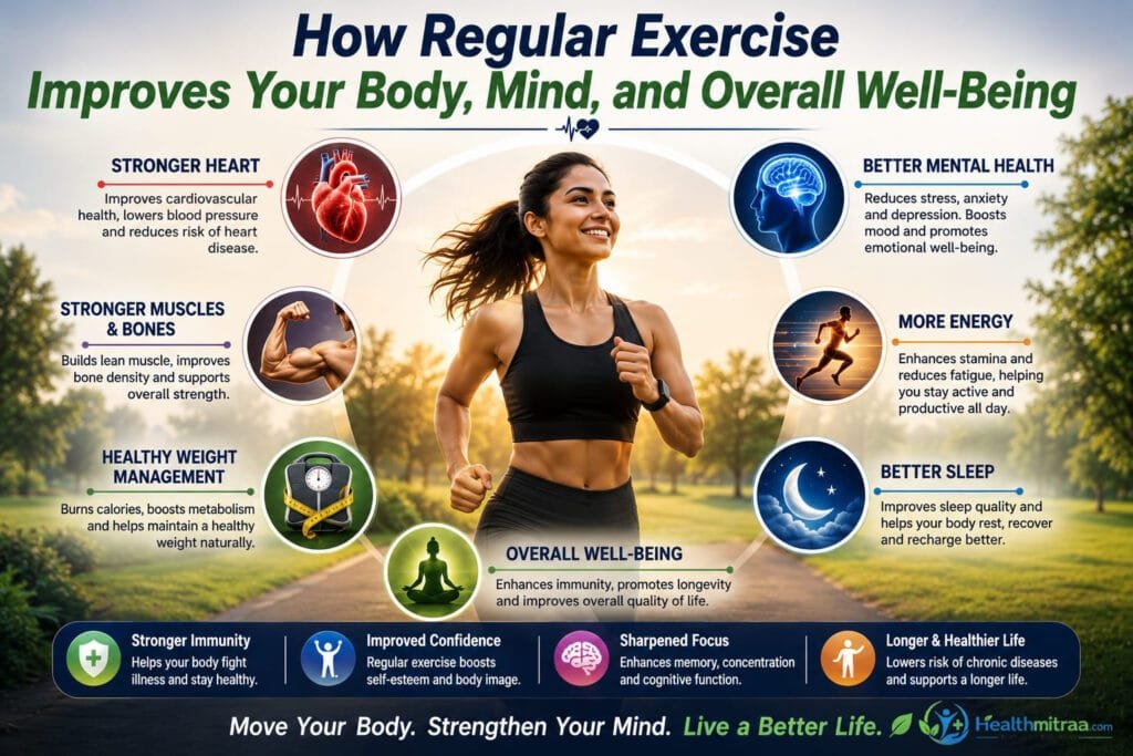 Woman jogging outdoors with illustrations showing how regular exercise improves heart health, mental well-being, muscles, energy, sleep, and overall wellness.
