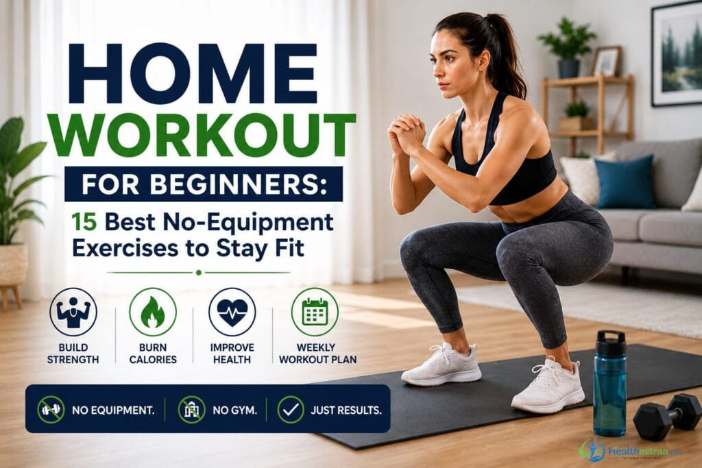Home workout for beginners performing bodyweight squat exercise at home without equipment