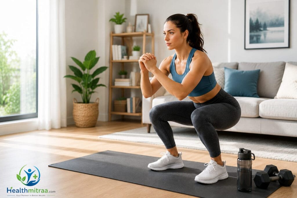 Person doing a home workout with bodyweight squats in a modern living room