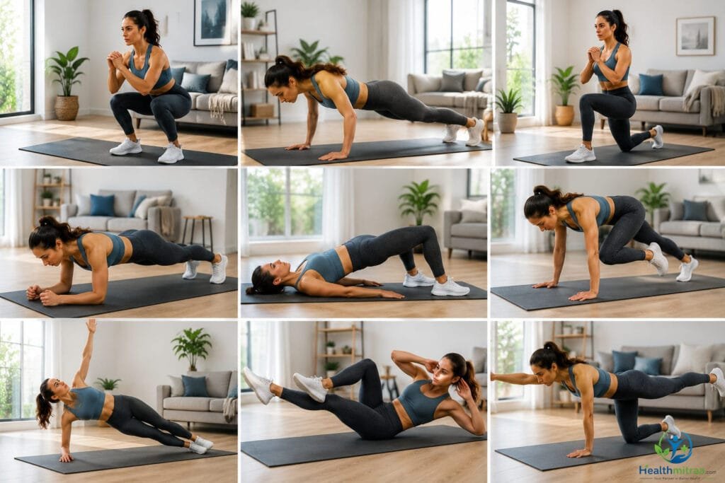 Collage of bodyweight home workout exercises including squats, push-ups, planks, lunges, glute bridges, mountain climbers, bicycle crunches, and side planks