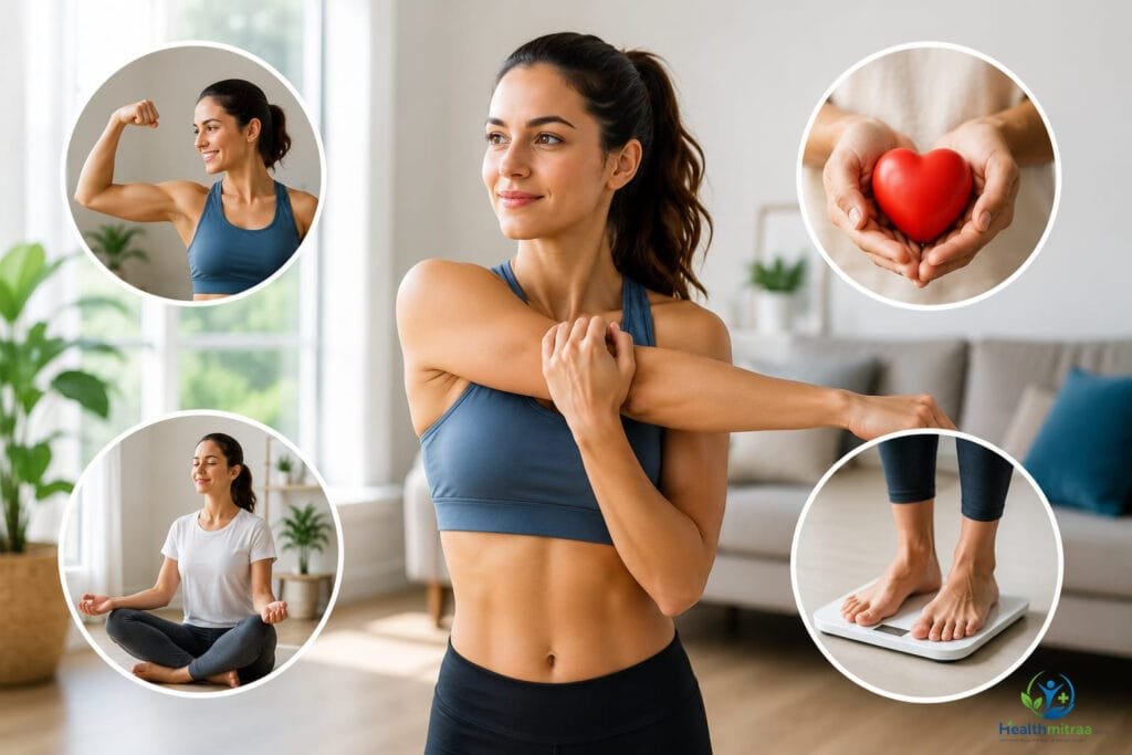 Healthy person stretching at home to improve strength, heart health, flexibility, and overall fitness