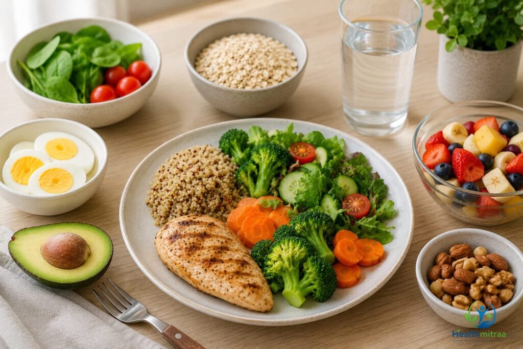 Healthy balanced meal with lean protein, whole grains, fresh vegetables, fruits, nuts, and water for a home workout diet