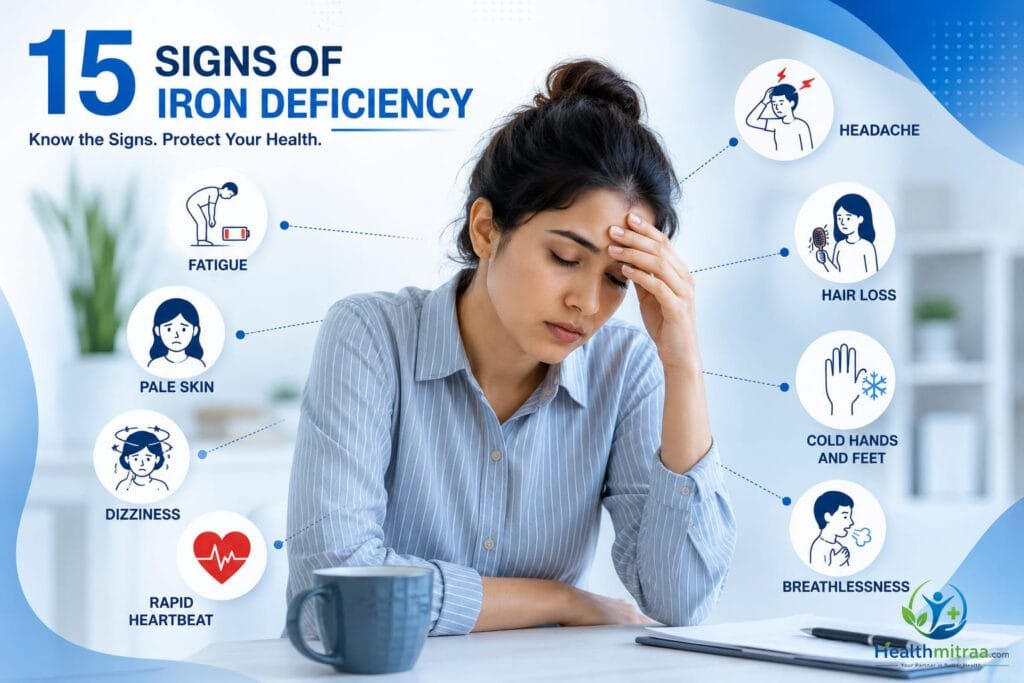 15 signs of iron deficiency including fatigue, dizziness, and pale skin.