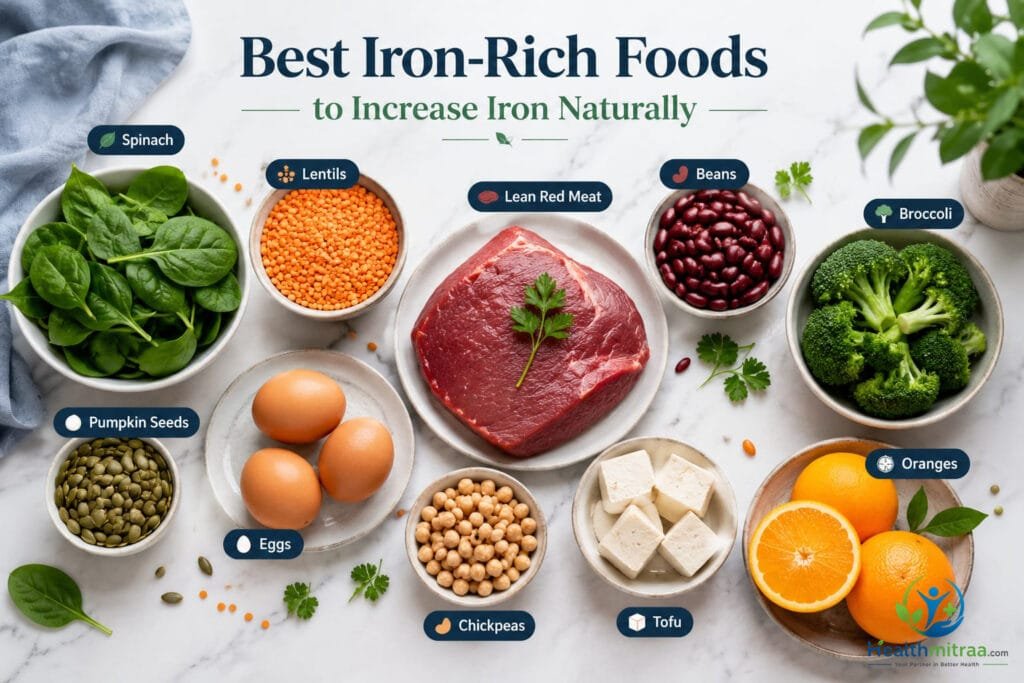 Best iron-rich foods to increase iron naturally, including spinach, lentils, eggs, and lean red meat.