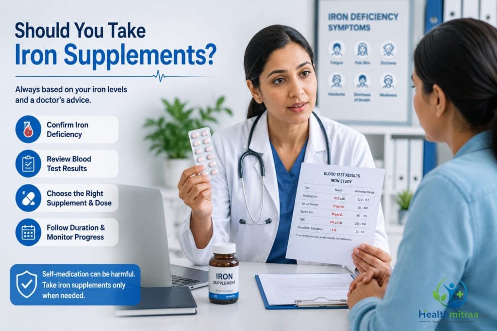 Doctor explaining iron supplements using blood test results.