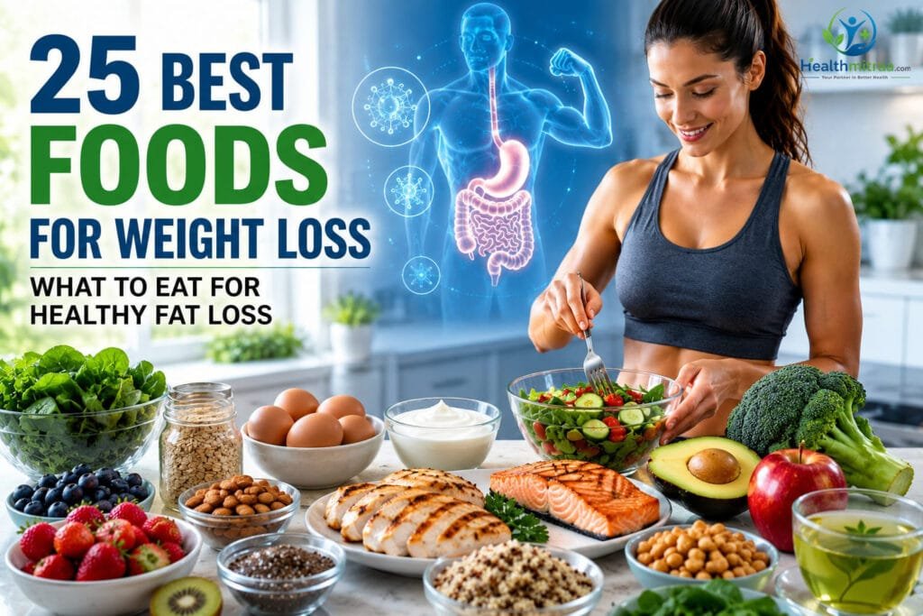Best foods for weight loss including healthy protein, fruits, and vegetables.