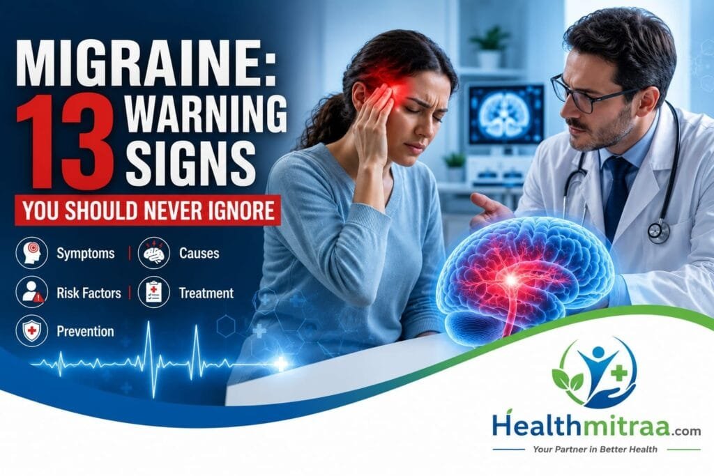 Migraine headache patient consulting a doctor with a 3D brain illustration.