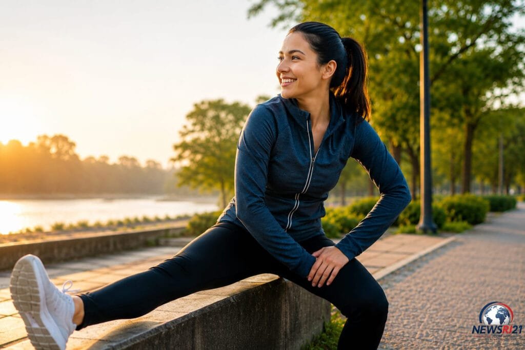 Why Is Morning Exercise Good for Your Health? Woman stretching outdoors during a morning workout.