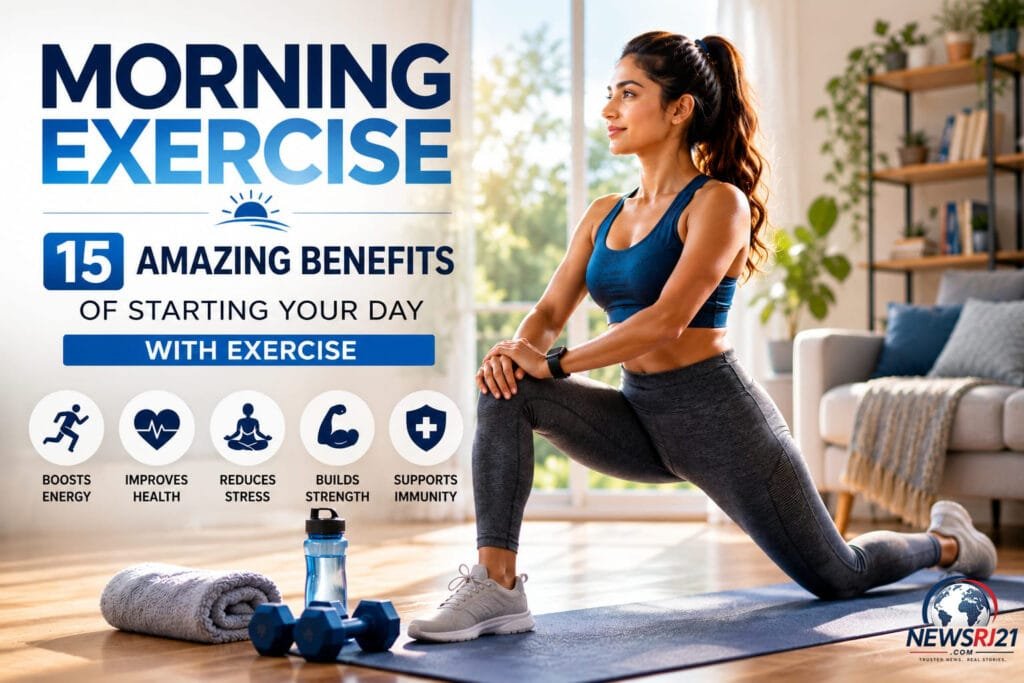 Morning Exercise: Woman doing a morning workout at home to improve fitness, energy, and overall health