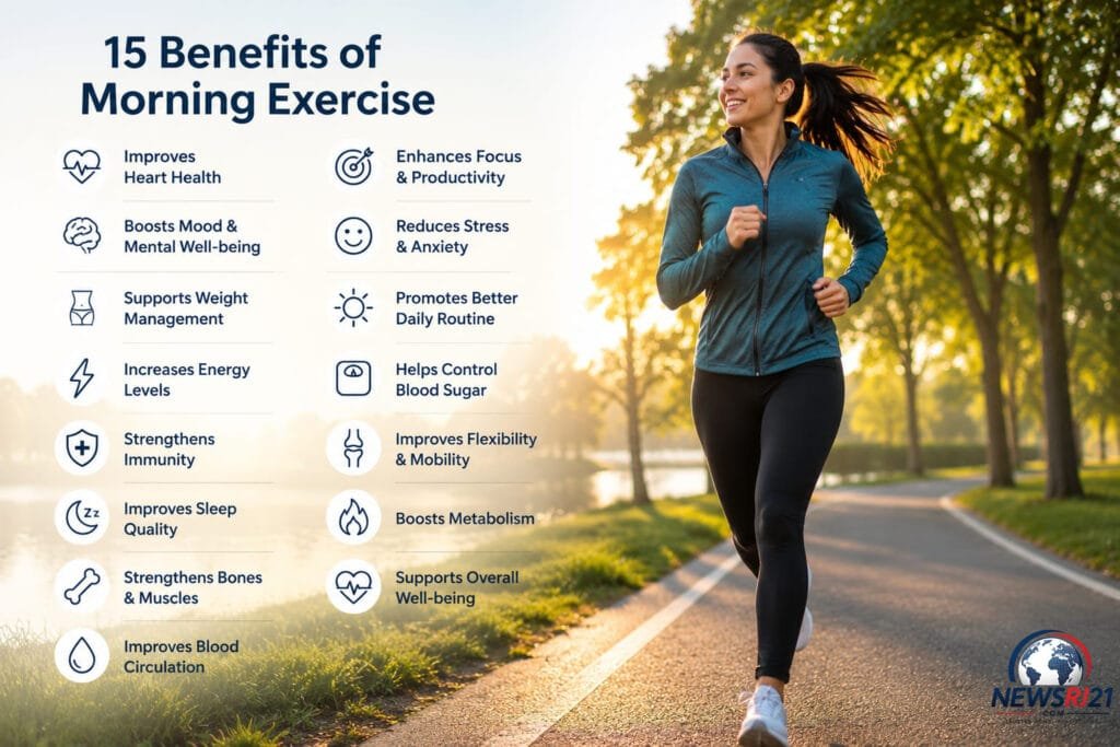 15 Science-Backed Benefits of Morning Exercise to improve energy, heart health, and overall fitness.