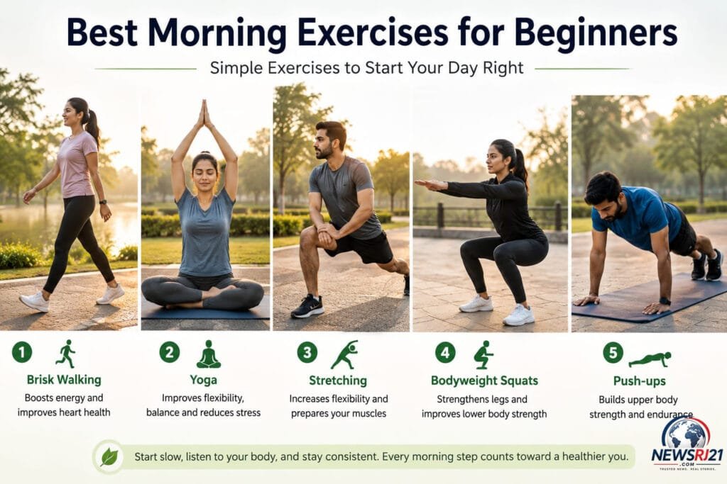 Best Morning Exercises for Beginners including walking, yoga, stretching, squats, and push-ups.