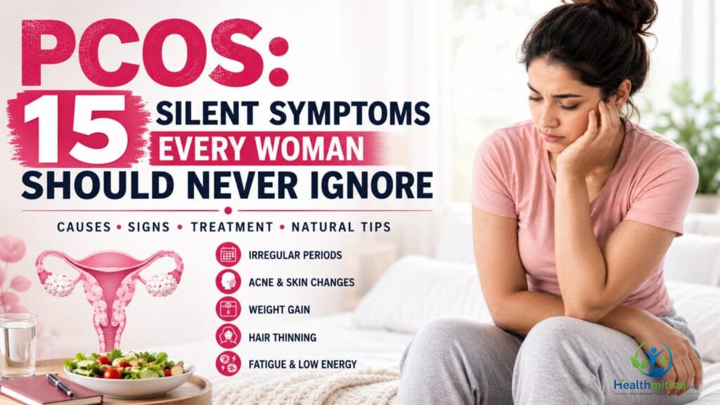 PCOS: 15 Silent Symptoms Every Woman Should Never Ignore – featured image showing a woman with common PCOS symptoms, ovaries illustration, and women's health concept.
