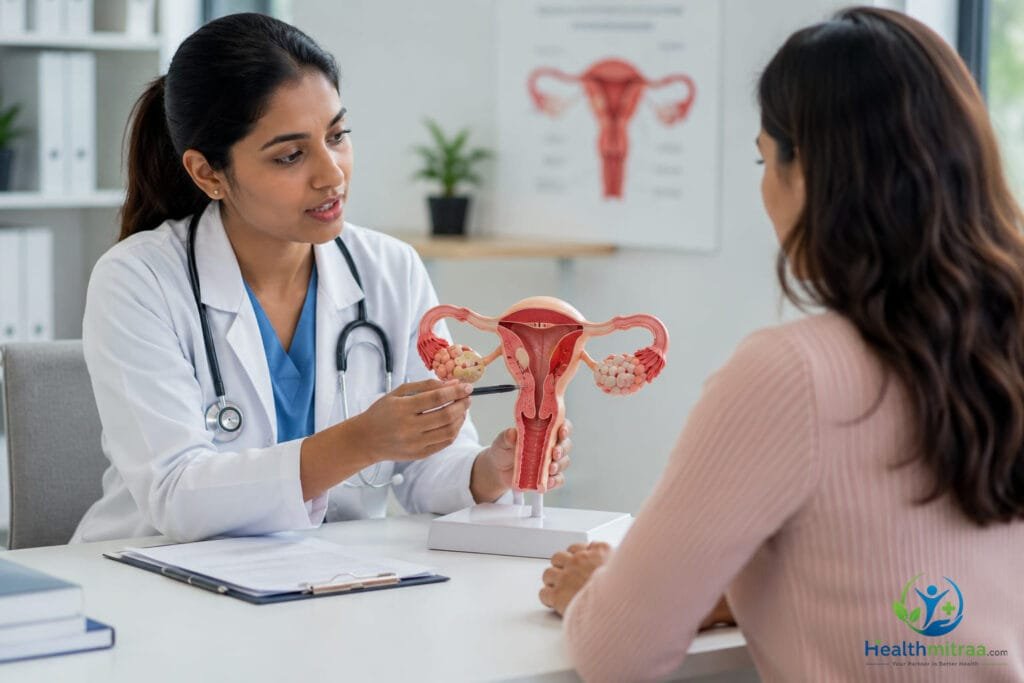 Female gynecologist explaining Polycystic Ovary Syndrome (PCOS) using a uterus and ovaries model during a consultation with a young woman in a modern medical clinic.