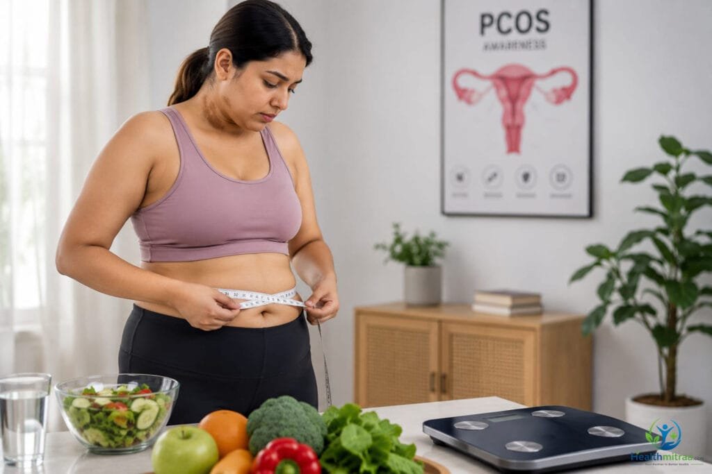 Woman measuring waist with a tape measure, showing weight gain and insulin resistance, common symptoms of PCOS.