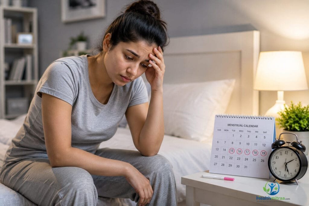 Woman experiencing fatigue and emotional stress with menstrual calendar and pregnancy test, common symptoms of PCOS.