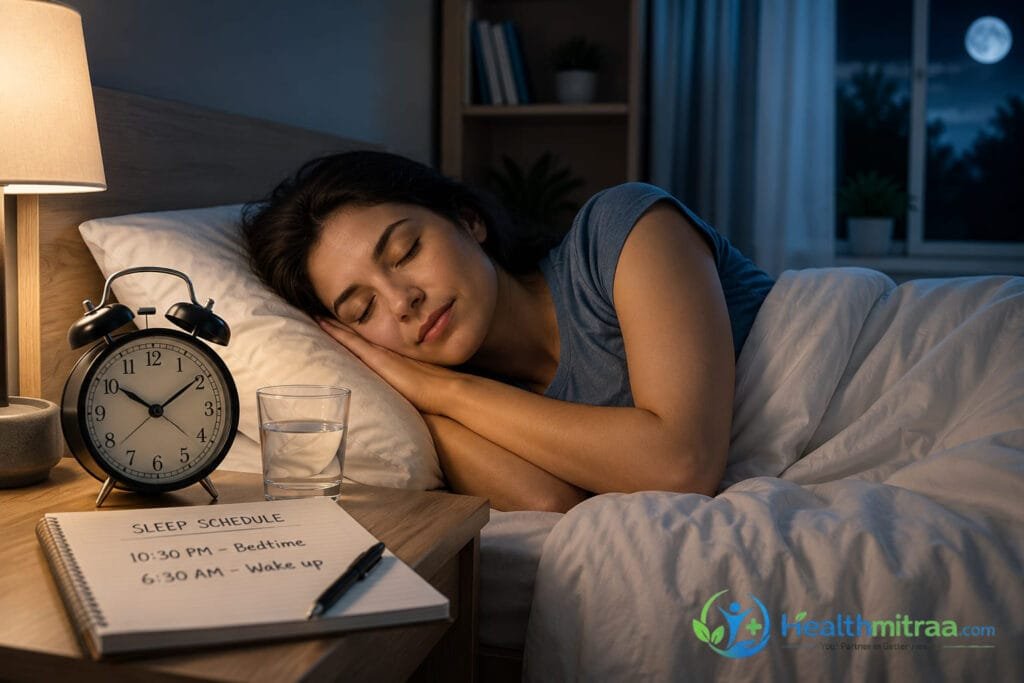 Healthy bedtime routine with a consistent sleep schedule for better sleep and overall health.
