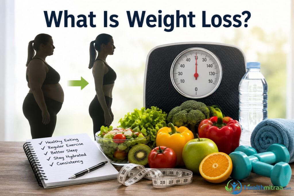 What is weight loss? Healthy weight loss concept showing body transformation, nutritious foods, exercise equipment, and a weighing scale.