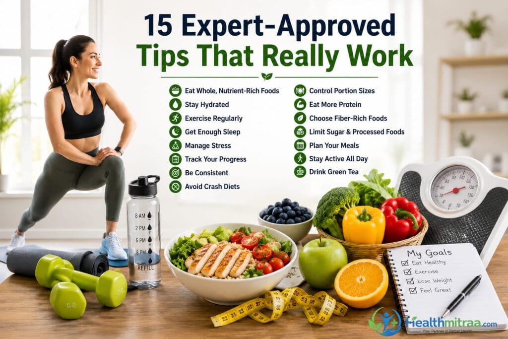 Healthy weight loss tips with nutritious foods, exercise, hydration, and lifestyle habits for safe and sustainable weight loss.
