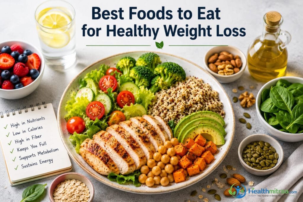 Healthy weight loss foods including lean protein, vegetables, fruits, whole grains, and healthy fats.