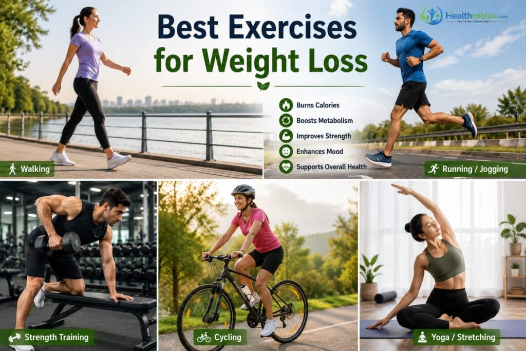 Best weight loss exercises including walking, jogging, strength training, cycling, and yoga.
