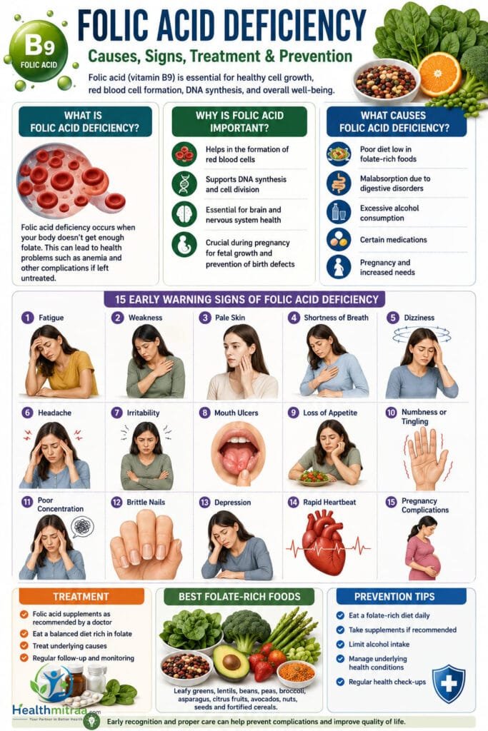Folic Acid Deficiency Infographic: Causes, Symptoms, Treatment, Prevention & Best Folate-Rich Foods