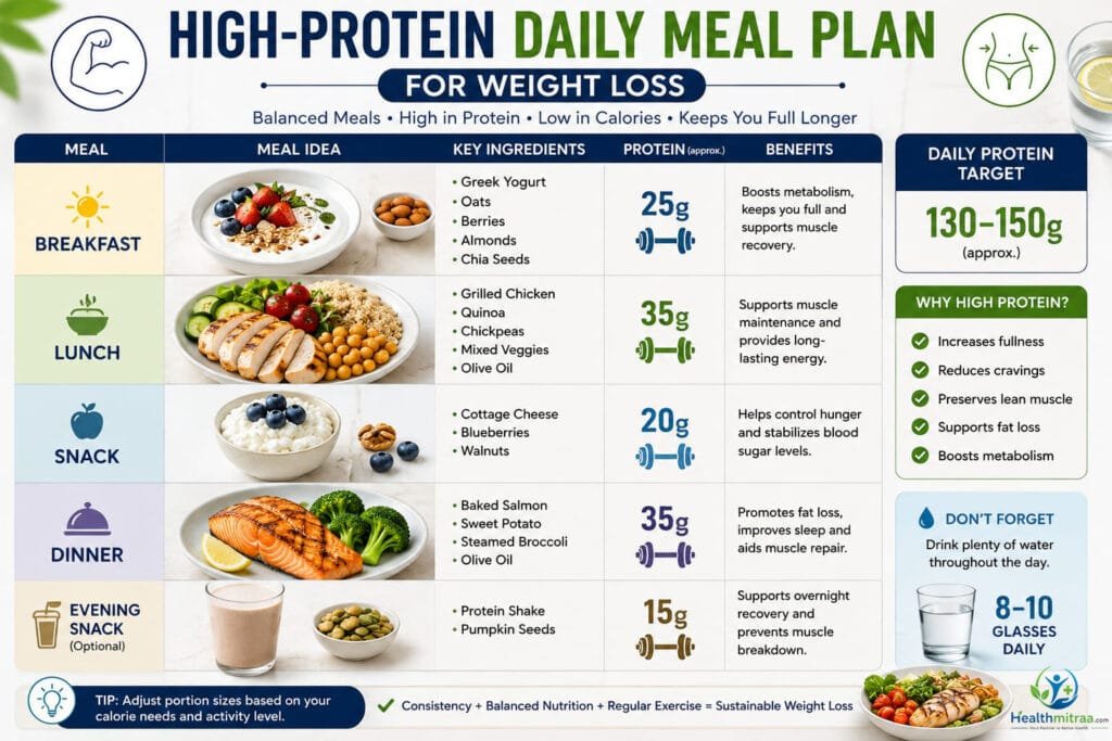 High-protein daily meal plan for weight loss infographic