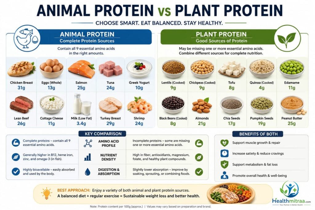 Animal protein vs plant protein infographic for weight loss