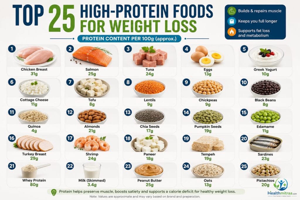 Top 25 high-protein foods for weight loss infographic