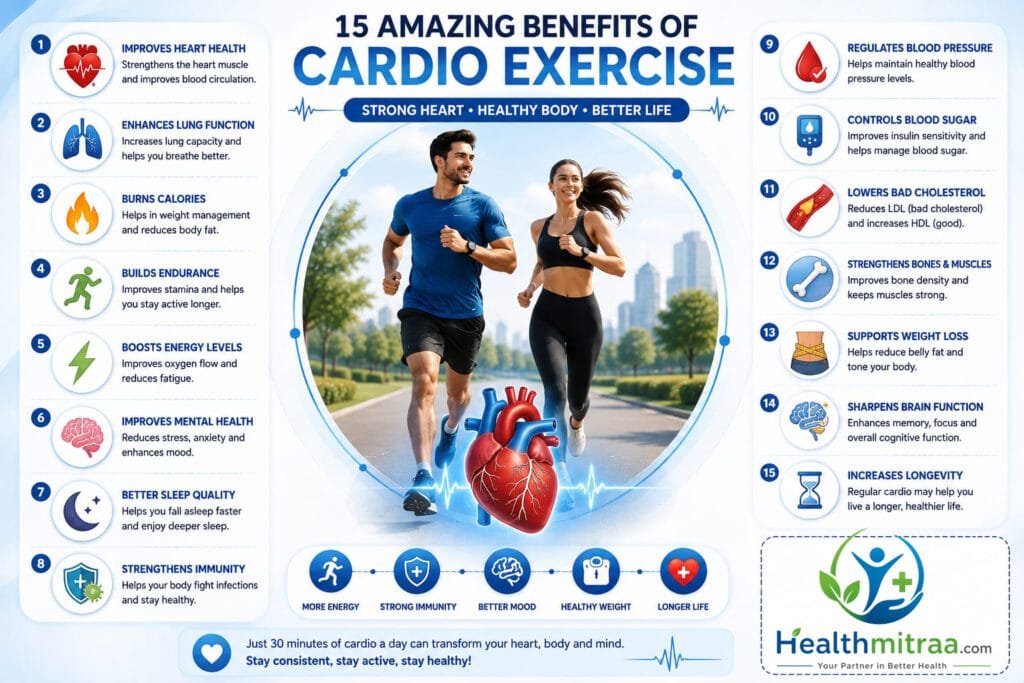Infographic showing 15 amazing benefits of cardio exercise for heart health and overall wellness