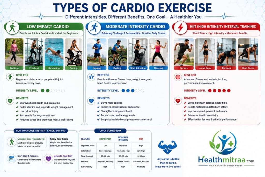 Types of cardio exercise infographic comparing low-impact, moderate-intensity, and HIIT workouts