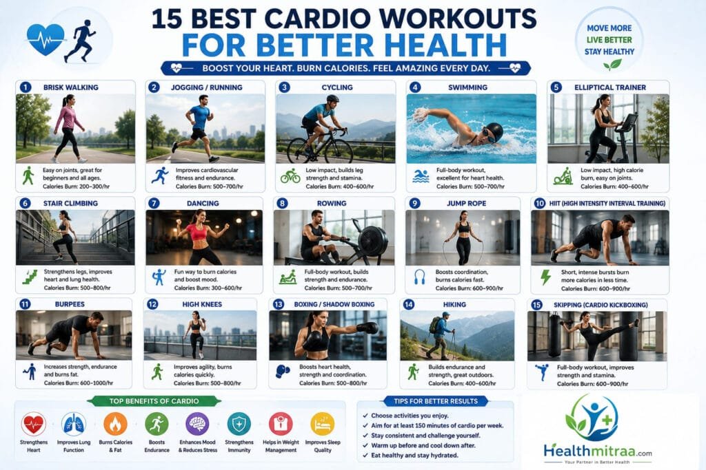 Infographic showing the 15 best cardio workouts for better health with realistic exercise examples
