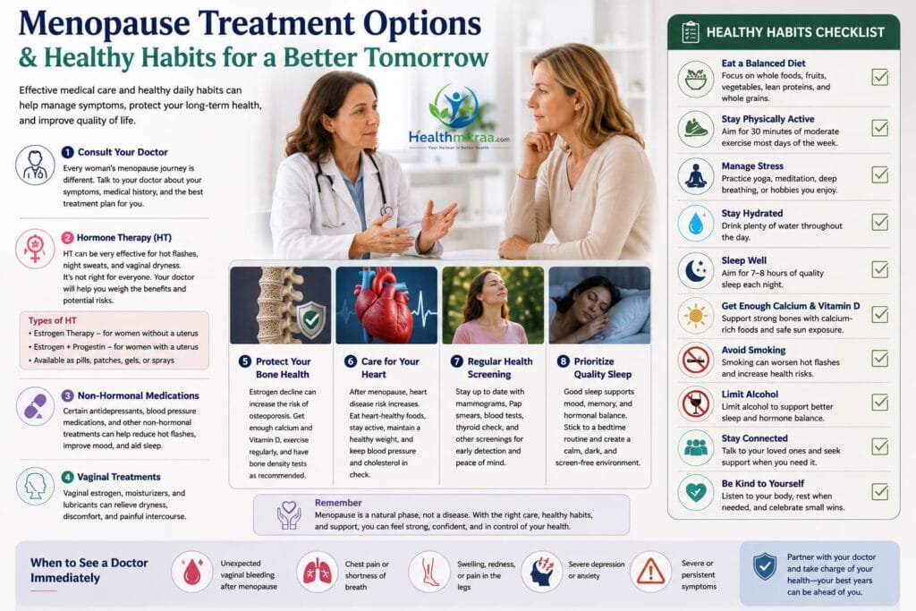 Menopause Treatment Options and Healthy Habits Checklist Infographic