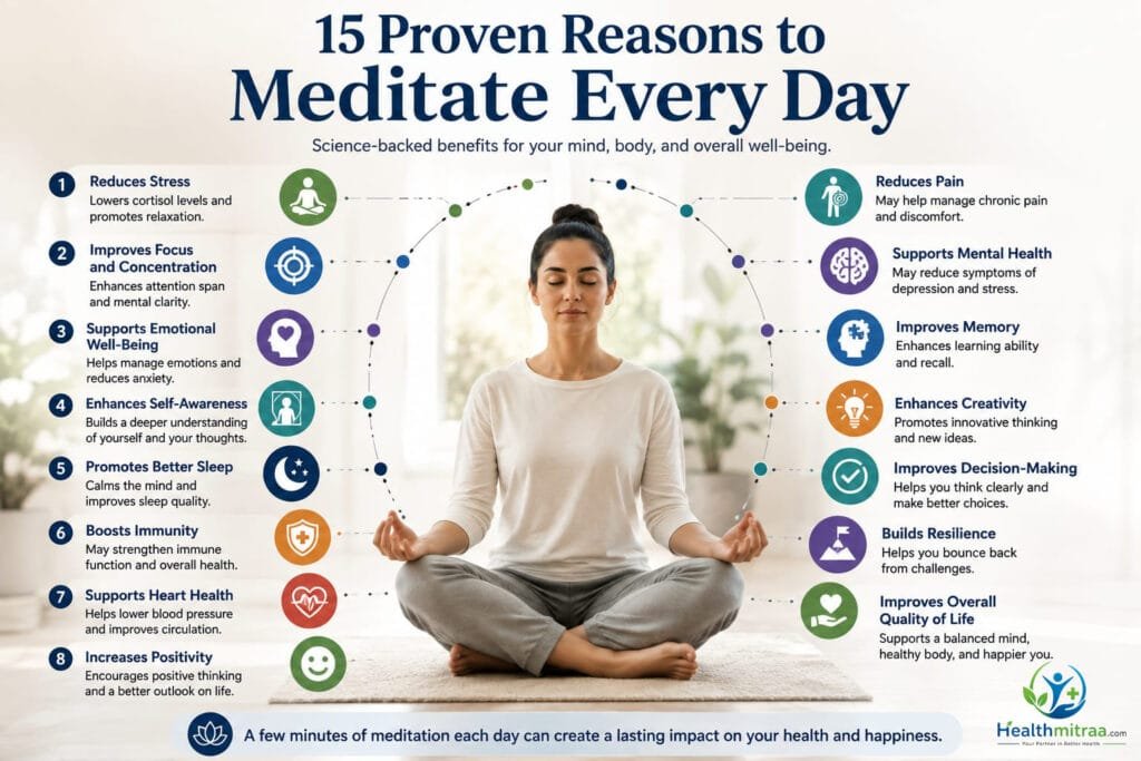 15 Meditation Benefits infographic