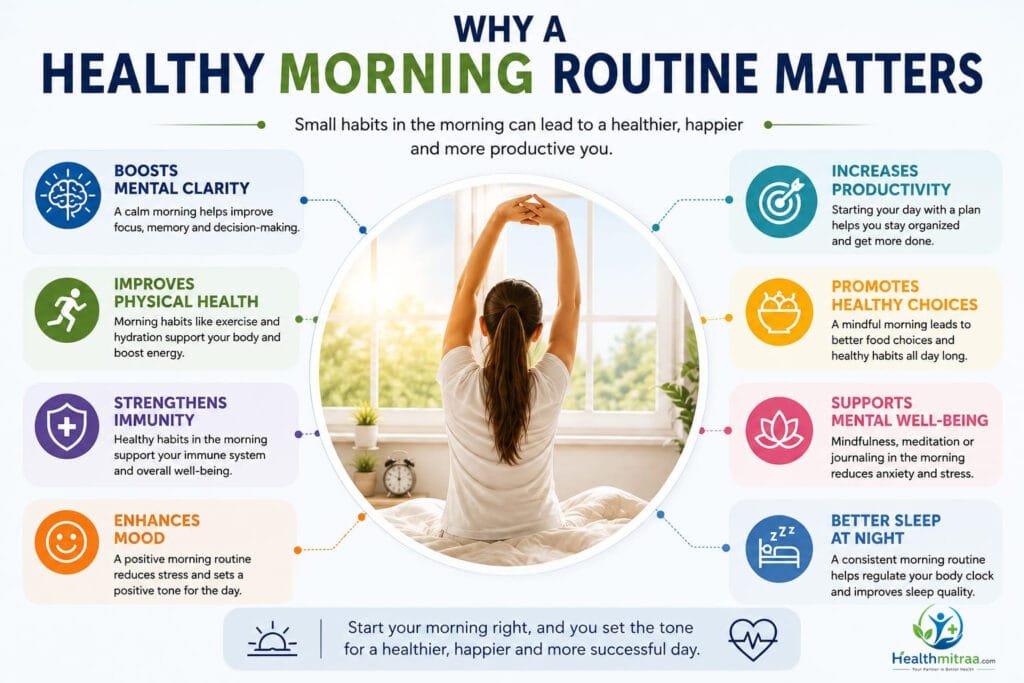 Benefits of a Healthy Morning Routine infographic