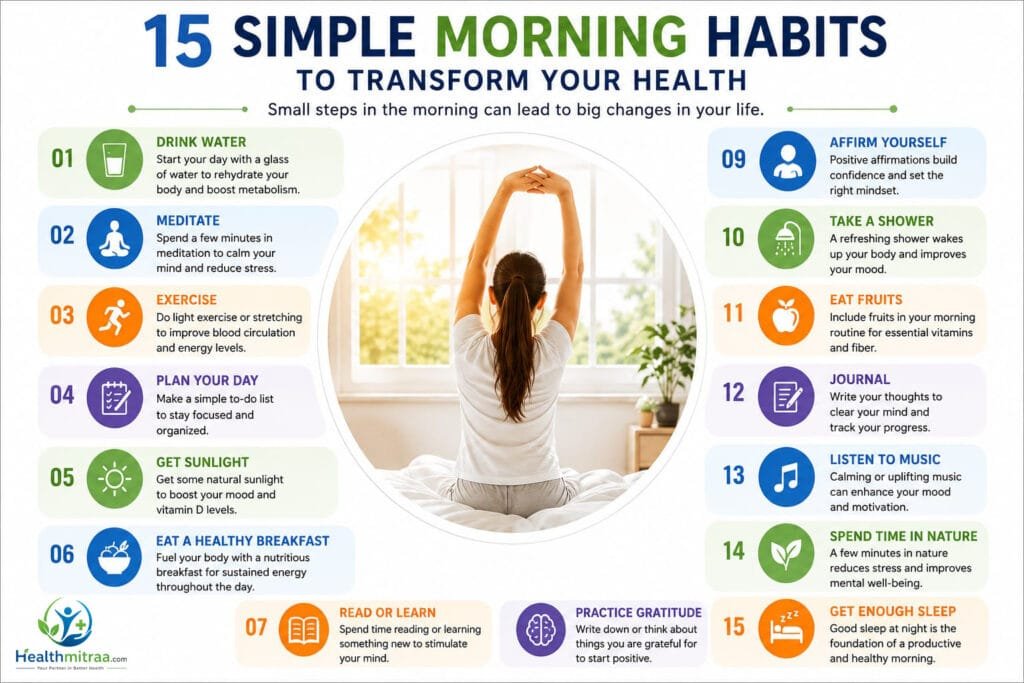 15 Healthy Morning Habits infographic